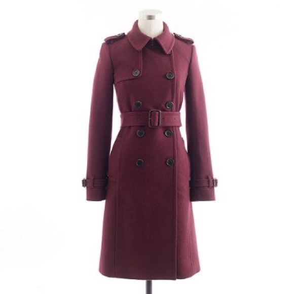 J. Crew - Wool Cashmere Blend Trench Coat - Rich Burgundy - Size 6 - Picture 1 of 8